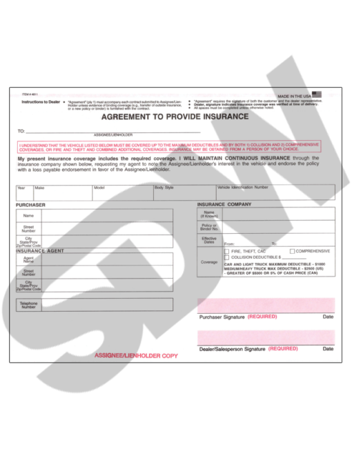 Agreement to Provide Insurance (100pk) #4-4811