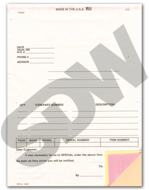 Parts Forms: Special Parts Order Forms (100pk) (4-Part) #4-610