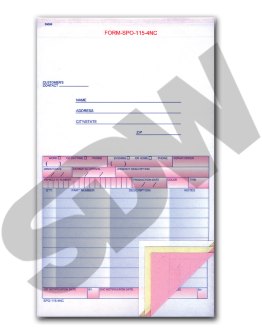 Parts Forms: Special Parts Order Forms (100pk) (4-Part) (Form #SPO-115-4NC) #4-612