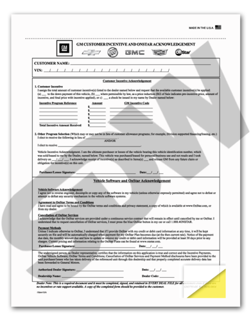GM Customer Incentive & OnStar Acknowledgments (Form #GM-3795-OS) (100pk) #4-7270