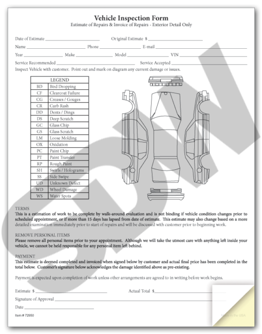 Inspection Forms: Vehicle Inspection & Estimate Forms (100pk) #4-72950