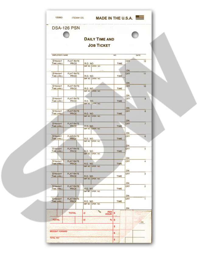 Time Management Daily Time & Job Ticket 12 Labels, Carbonless, (250pk