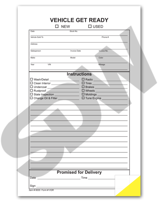 Vehicle Get Ready Forms (100pk) (Form #VGR) #4-8005