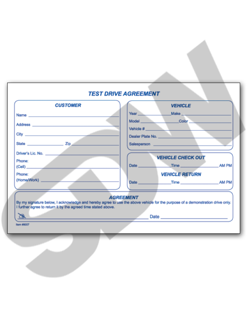 Test Drive Agreement Form (100 Per Pad) #4-8007