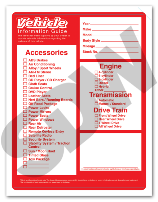 Vehicle Information Stickers (100pk) #16-625